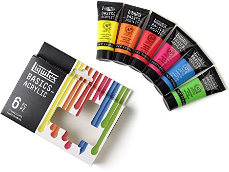 Liquitex 3699400 basics akrylfärger set fluorescerande – 6 x 22 ml tuber, lysande fluofärger, ljusäkta konstnärs-akrylfärger, perfekt för duk, akrylmålning och kreativa projekt