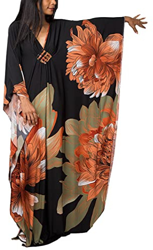 YouKD Lång kaftan för damer, sommarklänning, lång maxiklänning i bohemisk stil, täckande överdragsklänning för bikini, strandklänning, morgonrock, myskläder, en storlek, C svart blomma, en storlek