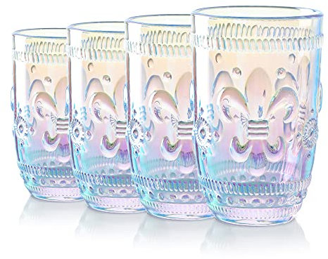 Joeyan 370ml Vasos de Vidrio Iridiscentes, Vasos de agua Románticos en Relieve Floral, Vintage Highball para Zumo Bebidas Vino Cóctel, Ideal para Bodas, Fiestas Casa, 12.5 onzas, juego de 4