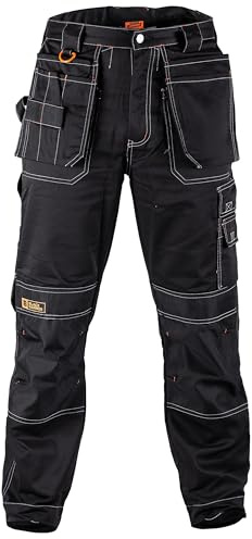 Black Hammer Zilla Men's Cargo Utility Work Trousers | Over 16 Pockets, Knee Pad Pockets, Water Repellent, Breathable Polycotton, Reinforced Stitching, Hammer And Ruler Holders