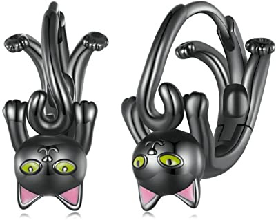 Weav 925 Sterling Silber Schöne Schwarze Katze Ohrschnallen Niedlichen Tier Creolen Schwarz Gold Für Frauen Edles Schmuckgeschenk