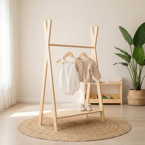 smartwood Portant a Vetement TIPI L 120x83x36 cm - Portant Montessori en contreplaqué de pin FSC avec Barre de Penderie & Étagère - Porte Manteau Enfant avec Capacité de Charge jusqu’à 30 kg