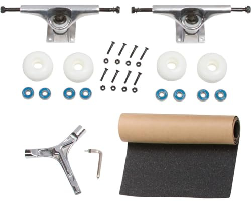 RADECKAL Complete Skateboard Kit, Including Trucks, Deck Kit, White Wheels, Blue ABEC 7 Bearings, Hardware - Regular Black Grip Tape, Silver Y Skate Tool, Size 8.5 to 8.75 and 6 Trucks