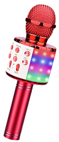 ShinePick Microphone Karaoke sans Fil, Micro Karaoké Bluetooth Portable avec LED Lumière Disco pour Enfants/Adultes Chanter, Compatible avec Android/iOS/PC/Smartphone (Cramoisie)
