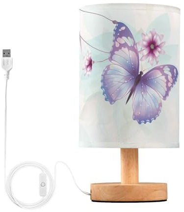 Mnsruu Bedside Table Lamp Butterflies Lilac Flowers Bedside Lamps LED Light Desk Lamp Fabric Shade Small Lamp for Bedroom Living Room (Bulb Included)