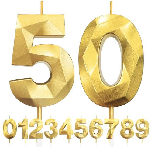 50° Candele di compleanno, Compleanno Candele Torta Oro, Candela numero 50, 3D Candele con numeri da 5cm, Compleanno Torta Topper Decorazione per Feste di Compleanno Matrimonio Anniversario