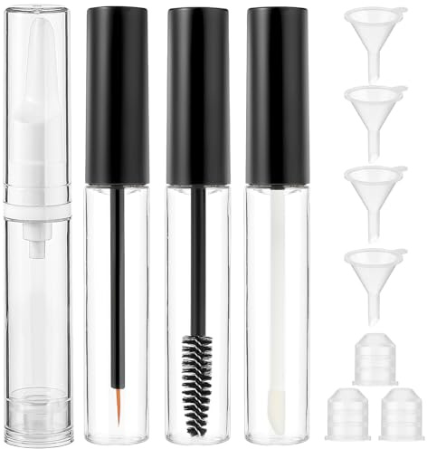 11 st. tom mascara-flaska, mascara-borste med behållare, påfyllningsbara läppglansrör, eyelinertuber med överföringstratt för resor, skönhetssalonger, mascara, läppglans-fyllmedel