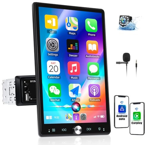 [Wireless] CAMECHO 10.4 Single Din Car Stereo with Apple CarPlay Android Auto Bluetooth 5.2, 1 Din Touch Screen Car Radio with Mirror Link FM Radio USB/TF/AUX-In Rear View Camera