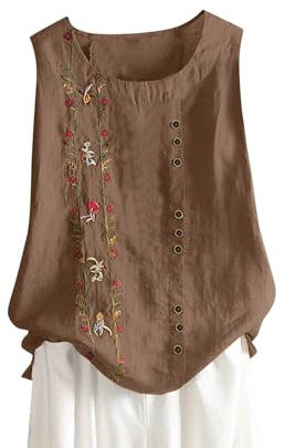 HAOLEI Vest Tops Women UK Summer Cotton Linen Sleeveless T-Shirt Plus Size Loose Fit Floral Shirts Dandelion Embroidered Lounge Wear Baggy Dressy Casual Blouses Ladies Tank Tops