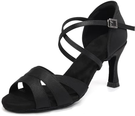 GYUBL Women's Latin Dance Shoes Black with Peep Toe Satin Professional Ballroom Salsa Tango Dancing Shoes with High Heels, 8 US