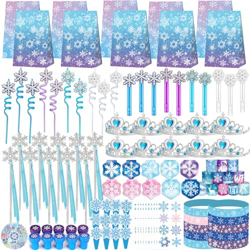 Fumogym 234PCS Frozen Party Favors Supplies Decorations Kit Include Goodies Bags, Straws, Bubble Wands, Crowns, Magic Wands, Notebook, Cake Toppers & More