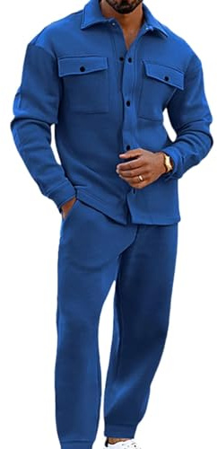 Herr Athleisure 2-delad mocka set, mode långärmad button-down slim fit skjorta jacka lös casual byxor kostym, BLÅ, XXL