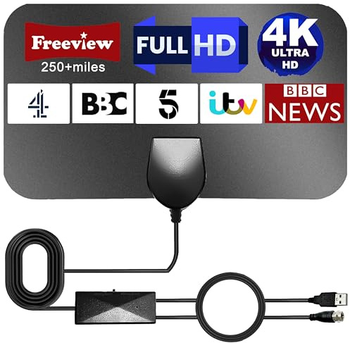 Indoor TV Aerial, Long Range Digital TV Aerial for Smart & Older TVs with Signal Booster, Magnetic Base, TV Antenna for Freeview Support 4K 1080P HD Local Channels & 18ft HD Cable