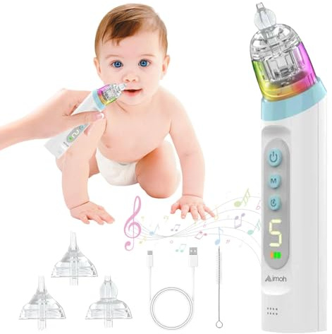 Nasal Aspirator Baby, 5 Adjustable Suction Levels, Baby Nose Suckers with Soothing Music and Light, 3 Silicone Nozzles Electric Nose Sucker for Baby