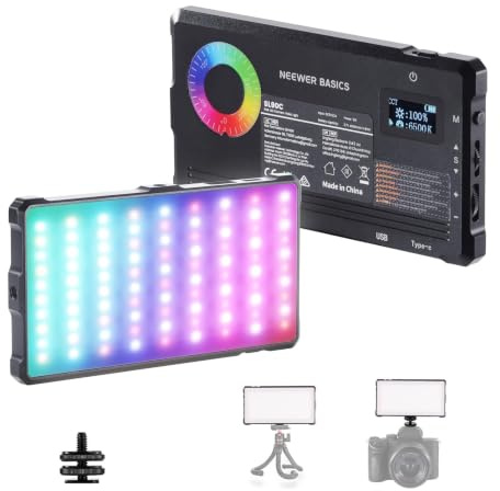NEEWER Basics RGB Éclairage Vidéo Portable 9W,2700-7500K,17 Scènes, IRC97, Batterie Rechargeable 4000Mah,Petit Panneau LED Métallique pour Appareil Photo Numérique,Trépied,Vidéo en Streaming,Sl90C