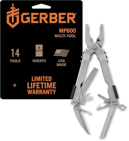 Gerber Multiherramienta con dos cuchillos y funda de cuero, MP600 Full-Size, Con 14 funciones, Plata, 7500