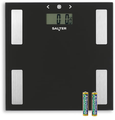 Salter 9150 BK3R Glass Analyser Bathroom Scale - Digital Weighing Scales, Measures Body Weight/Fat/Water/BMI, Accurate Instant Readings, Includes Athlete Mode, Easy to Read, Large LCD Display, Black