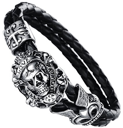 JewelryWe Schmuck Herren geflochten Lederarmband, Gotik Schädel Totenkopf 2 Lederkette Edelstahl Leder Armband Armreif, Schwarz Silber
