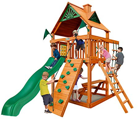 Gorilla Playsets 01-0061-AP Chateau Tower Wooden Play Tower with Wood Roof, Slide, and Climbing Wall, Brown