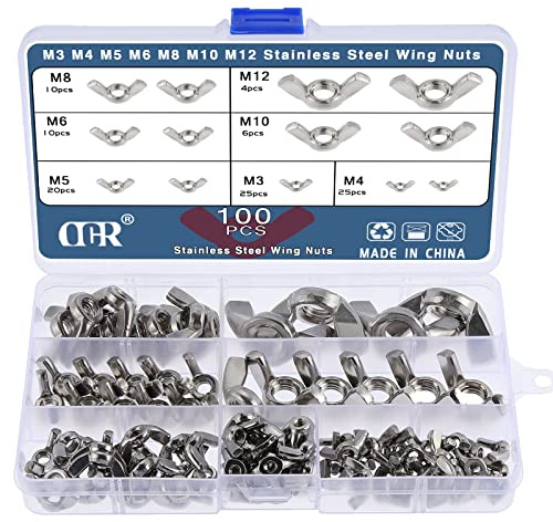 OCR 100Pcs 7Sizes Butterfly Wing Nuts Assortment Kit, M3 M4 M5 M6 M8 M10 Sizes Stainless Steel Wing Nuts Fasteners