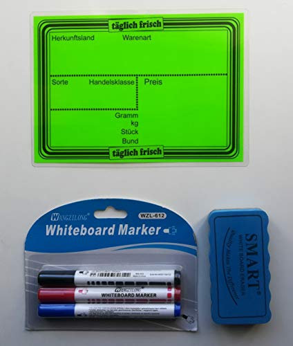 20 laminierte Preisschilder 154 x 216 mm leuchtgrün + 3 Marker + 1 Schwamm zum Löschen für Obst und Gemüse mit Aufdruck Werbesymbole