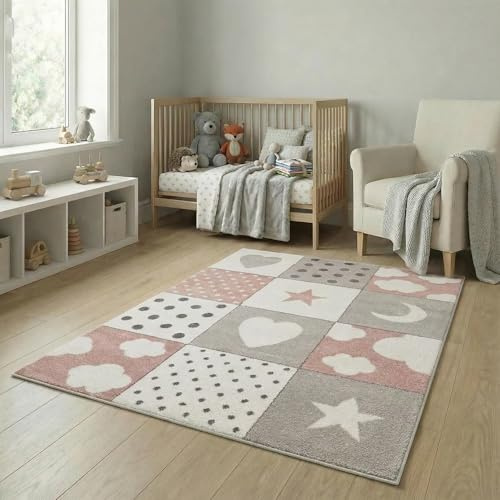 Jimri Kinderteppiche Patchwork Herz Sterne Wolke | Kinderteppich für Mädchen und Jungs | Teppich für Kinderzimmer | Schadstofffrei Kinderzimmerteppich - Rosa, 80x150 cm