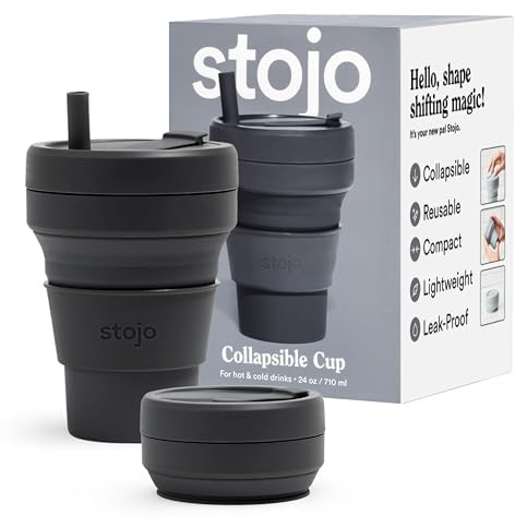 Stojo Vikbar kaffemugg för resor, återanvändbar extra stor resemugg i fickformat – 710 ml – färg kolgrå, med sugrör