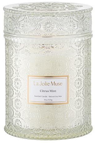 LA JOLIE MUSE Bougie parfumée à la Menthe Marine et l’Épicéa, Pot grand format pour offrir, Mèche en bois, cadeau original, 550g
