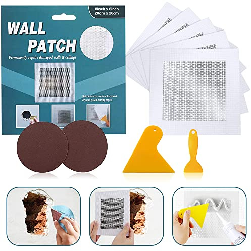 Parche de reparación de paneles de yeso de 20.3 cm por 20.3 cm, kit de reparación de parches de pared, adhesivo de malla de pared, parche de chapa de aluminio para techo seco (8 pulgadas, 5 piezas)
