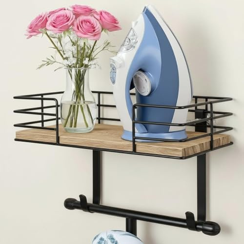 THYGIFTREE Ironing Board Hanger Wall Mount with Storage, Wooden Basket & Removable Hook, Carbonized Black, 12.6 x 6.09 x 2.6 inches, Ironing, Laundry, Organization, Indoor Use | Heavy-duty metal and wood organizer stores ironing boards, irons and steamers with a shelf, basket and wall-mounted design