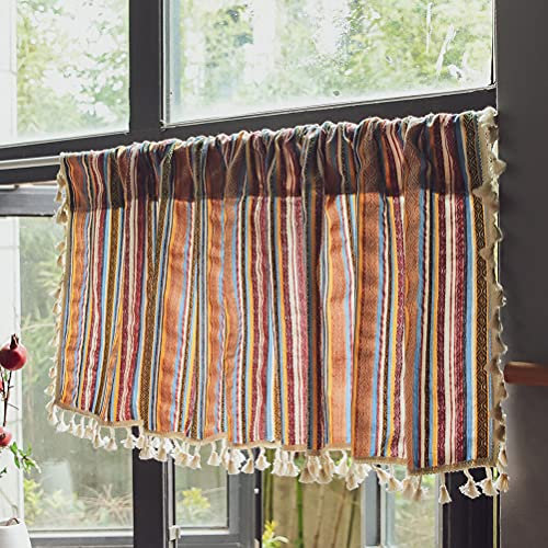 ACMHNC Scheibengardine Boho Stil Quaste Kurzgardine Landhausstil Vintage Leinen-Optik Bistrogardine Küche Esszimmer Fensterdekoration 1 Stück,W x H 132x45cm