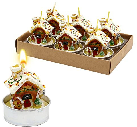 Dekohelden24 Juego de 6 velas de té con diseño de casa de jengibre nevada, tamaño de cada vela de té (largo x ancho x alto): 4 x 4 x 5 cm, W-10024722