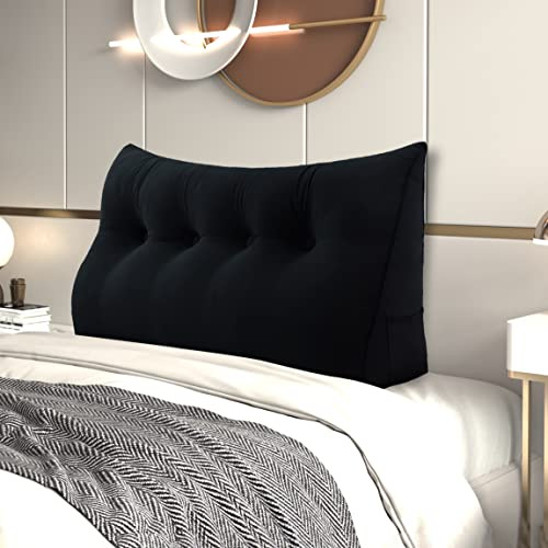 Keilkissen Bett Rückenlehne aus Holland-Samt, Rückenkissen Ergonomisches Dreieckskissen Lesekissen mit Knopfdesign & Seitentaschen, Abnehmbares Kopfteil Polster Wandkissen für Schlafzimmer Sofa