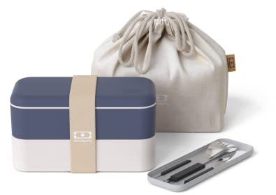 monbento - Natural Lunchbox Set - Mit Bento Box MB Original mit Fächern Made in France, Besteck-Set MB Slim Box Onyx, Bento Tasche MB Pochette M Cream - BPA Frei - Lebensmittelecht - Blau