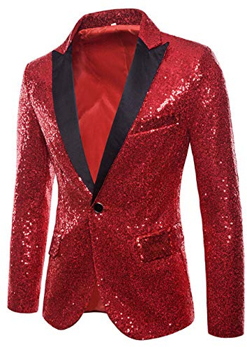 FeMereina Men's Shiny Sequins Suit Jacket Blazer Slim Fit Dress Suit One Button Tuxedo for Party,Wedding,Banquet,Prom (Red#1, M)