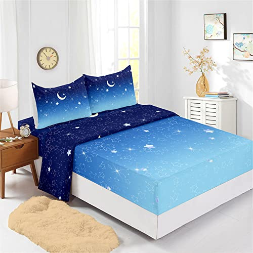 Odot Parure Drap Housse, Drap Plat et Taie d'oreiller 51x75cm - Couleur Dégradée Draps Housses avec Bonnet 40cm, pour Adultes Enfant, Lit 1~2 Personnes (140x190cm-4 Pieces,étoile Lune)