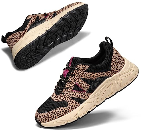 LUCKY STEP Dammode vanliga sneakers plattform klassiska leopard promenader tennis reseskor tjocka färgglada livsstilar sneakers, Svart/brun leopard, 39 EU