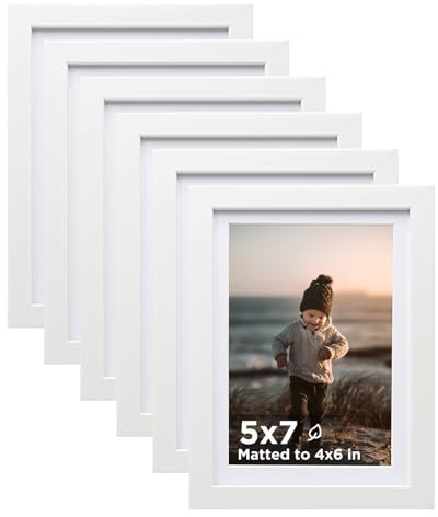 KINLINK 5x7 Picture Frame White Set of 6, Wooden Photo Frames Matted 4x6 with Plexiglass for 4x6 with Mat or 5x7 without Mat for Table and Wall Display