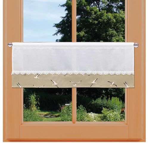 kollektion MT Feenhaus-Spitzengardine Ilma Möwe mit Vogtländischer Spitze Maritime Scheibengardine in weiß-Natur | blickdichter Scheibenhänger für Küche und Badezimmer| Höhe x Breite 30 x 67 cm