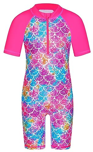 HUAANIUE Filles Maillot de Bain 1 Pièce 2-12 Ans, Anti-UV UPF 50+ Manches Courtes, Fermeture Éclair Frontale, Imprimés Colorés, Idéal pour Plage et Piscine (S406-Écailles Rose Vif, 5-6 Ans)