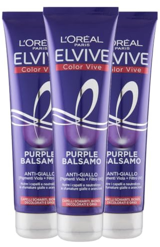L'Oréal Paris Elvital Color-Glanz Purple Anti-Gelbstich Spülung für aufgehelltes, blondes, blondiertes und hellgraues Haar - Pflegende Formel mit Violettpigmenten und UV-Schutzfilter - 3x 150ml