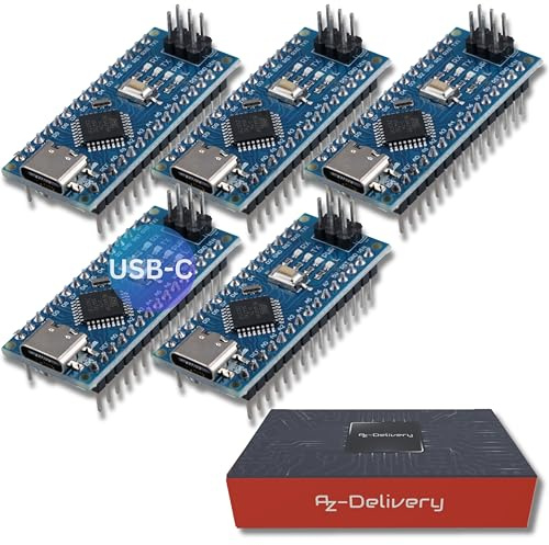 AZDelivery 5 x AZ-Nano V3 avec Port USB-C avec Atmega328 CH340 déjà soudé, Version améliorée avec e-Book Inclus