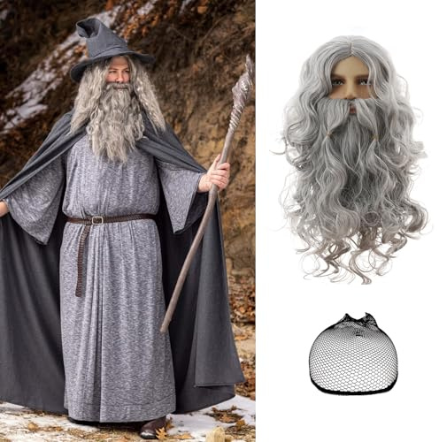 3Pcs Perücke Herren Grau Lockig Perücke für Männer Off-White HerrenperüCke Lang HerrenperüCke Geschichtet Silber Synthetische PerüCke mit Perückenkappe für Film Cosplay Halloween Karneval