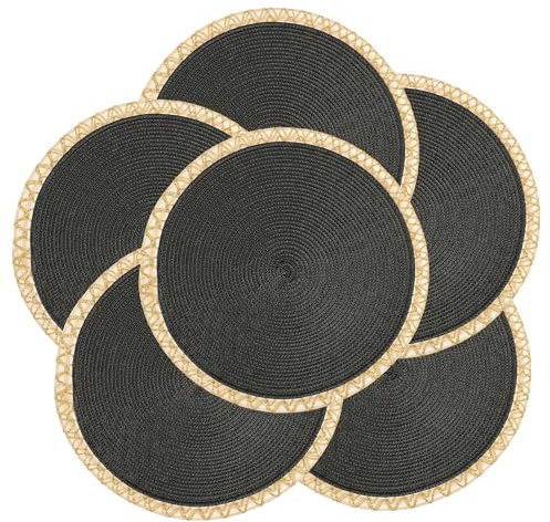 fanquare Round Placemats Set of 6 Black Braided Place Mats with Gold Lace Border Durable Heat Resistant Non-Slip Table Mats for Dining Decoration 34cm