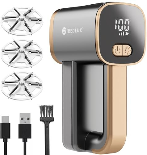 WiredLux Electric Lint Remover - Rechargeable Bobble Shaver for Clothes & Furniture - Adjustable 3-Speed, 6-Leaf Blade, LED Light, USB Charging - Debobbler with Dual Protection (Graphite Grey/Copper)