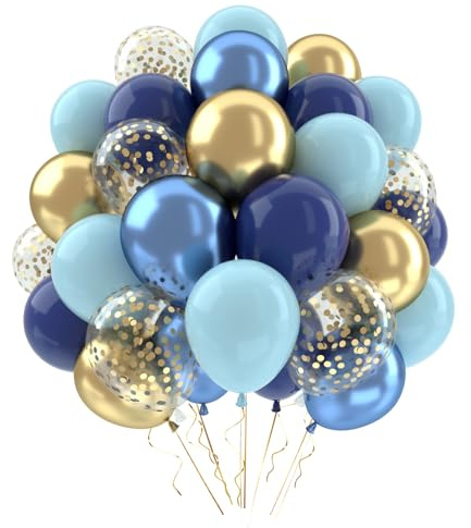 Blå ballonger, födelsedagsdekorationer för män, pojkar, 62-pack, marinblå och guldfärgade ballonger med metallisk guldkonfetti, heliumballonger, födelsedagsballonger, för babyshower, förlovningsfest