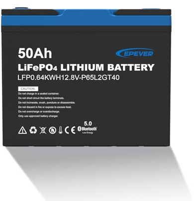EPEVER Lithium LiFePO4 Batterie 12,8V, 50Ah mit integriertem BMS und APP, Selbstheizung unter 0°C, A-Klasse LiFePO4-Zellen, Geeignet für Wohnmobile, Boote, Camping, Wohnwagen, Energiespeicher