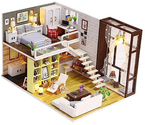 ibasenice Modellbausatz Miniatur Haus DIY-Haus Als Puppenhaus Aus Holz Miniaturhaus Zum Selbermachen Mit Möbeln Standard