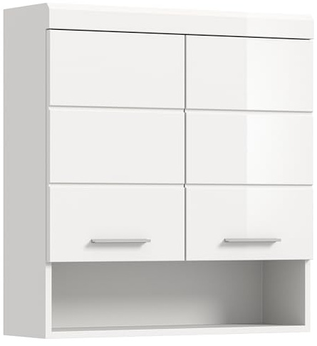 furnling Hängeschrank Scott, weiß Hochglanz, 1 offenes Fach, 2 Türen, 2 Fächer, Badschrank mit verstellbarem Einlegeboden, Breite 74 cm