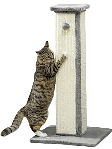 PawHut Griffoir pour Chat 81 cm Arbre à Chat en sisal et Peluche, Poteau griffoir avec Boule Suspendue Base Stable, grattoir à Design Moderne 41 x 41 x 81 cm, Gris et crème